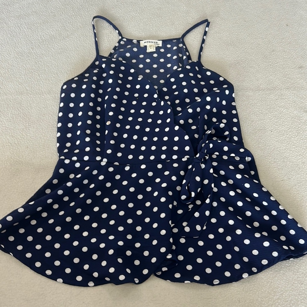 Monteau White Polka Ruffle‎ Peplum Top. Size L (247)